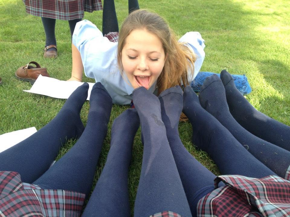 Submissive Schoolgirl Licks Dirty Socks On The Feet Of Her Classmates - Public Group Lezdom