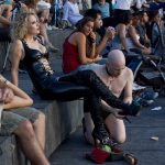 Bald Slave Knelt and Mistresse's Leater Boots Worship - Public CFNM Femdom Humiliation