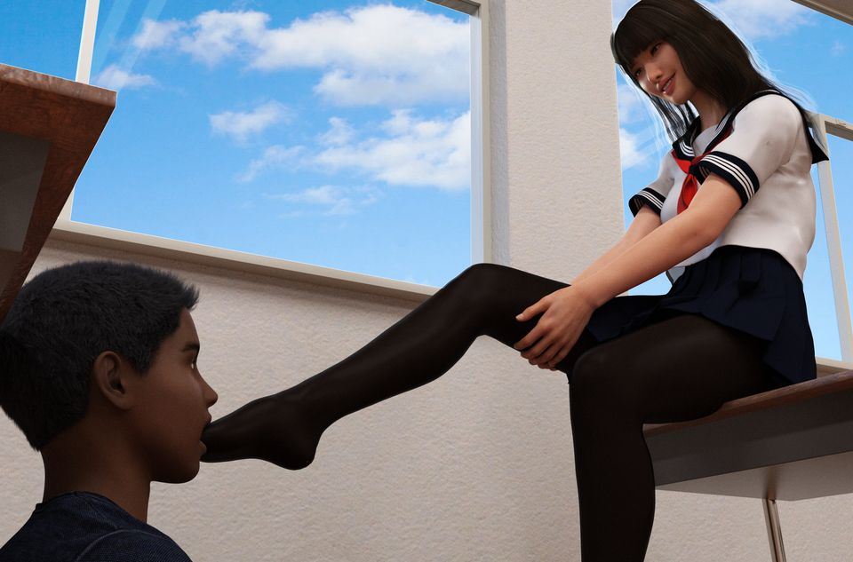 Submissive Boy Must Sucks Dominant Schoolgirl's Toes In Nylon Pantyhose - Femdom Art