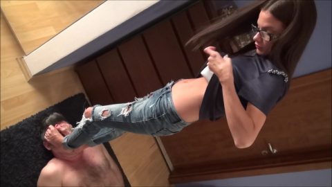 Petite Stepdaughter With Glasses Tramples Stepdad's Face Without Paying Attention To His Moans