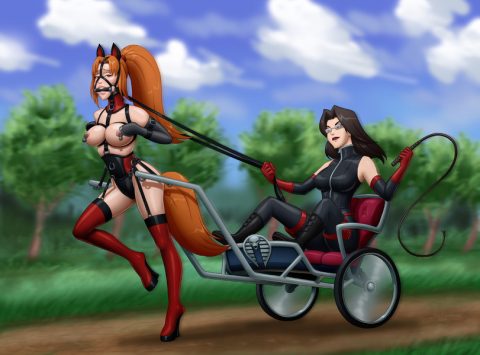 Extreme Lezdom BDSM Pet Play and Whipping With Fetish Clothing Art