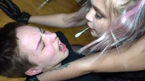 Blonde Dominant Bitch Spit In Subby Girl's Mouth - Lezdom Spitting Humiliation