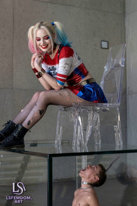 A captive and restrained slave is forced to become a living toilet for Mistress Harley Quinn - Femdom Art Human Toilet