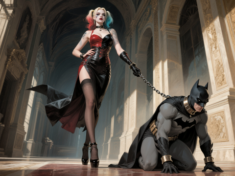 Dominatrix Harley Quinn Enslaved Batman and Put Him on a Collar and Leash Now Walks Him Like a Pet