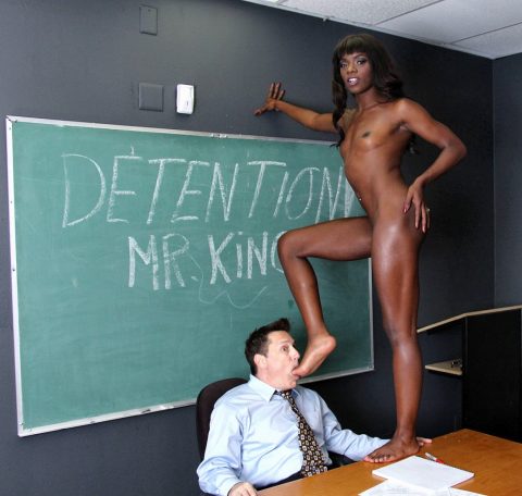 Ebony Slutty Schoolgirl Ana Foxx Stands on the Teacher's Desk and Makes Her Teacher Suck Her Foot - Interracial Foot Sucking Femdom in Classroom
