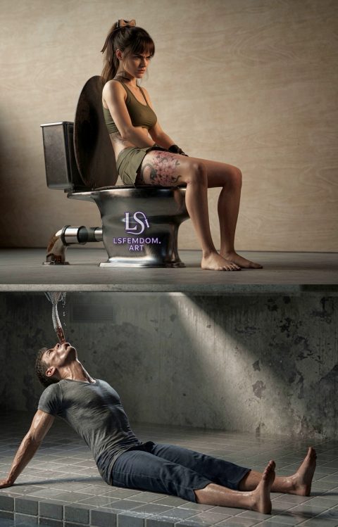 A Slave Imprisoned Under a Toilet Eats All the Excrement and Urine of a Sadistic Girl - Extreme Femdom Toilet Slavery Art