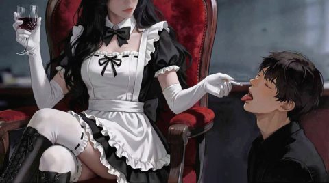 Maid drinks expensive wine and smokes a cigarette while relaxing in an armchair, while using the mouth of the owner of the house as a human ashtray - Art Femdom