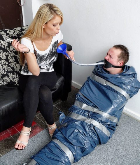Mistress Janette Smokes and Spits Through a Funnel Directly into the Slave's Mouth - Femdom Human Spittoon