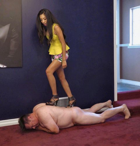Cruel Sadist Jennifer in High Heels Tramples with All Her Weight on the Back of a Fat Slave, Causing Him Unbearable Pain