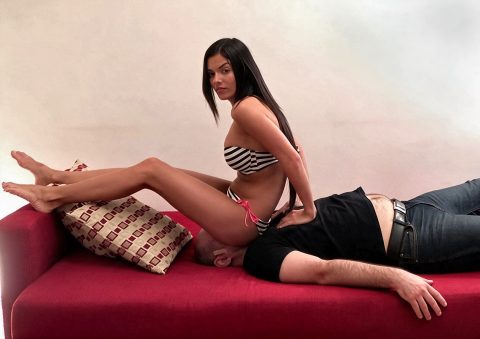 Tanned Mistress Evike in Bikini Sits on Fat Slave's Face Like a Couch - Amateur Femdom Human Chair Slave
